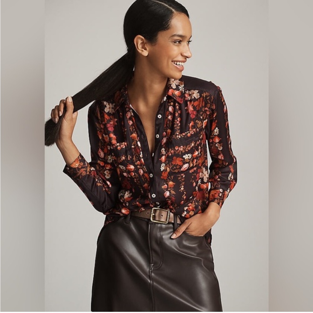 Anthropologie Black Floral Button-Down Shirt